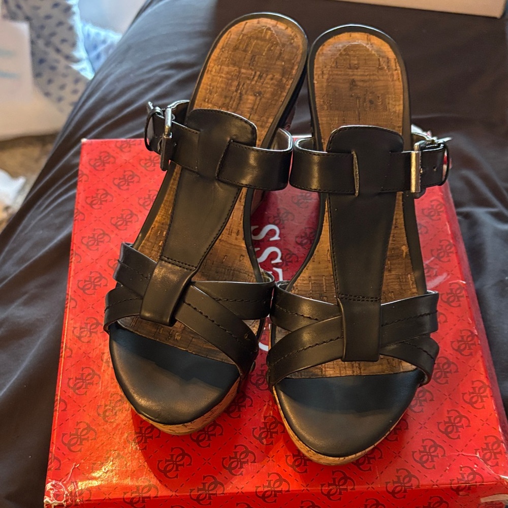 Guess Black Strappy Open Toe Wedge Sandals